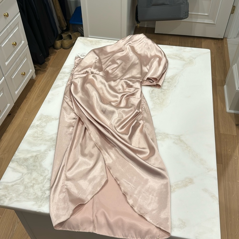 Never worn satin pink mid lengths leg split dress one shoulder